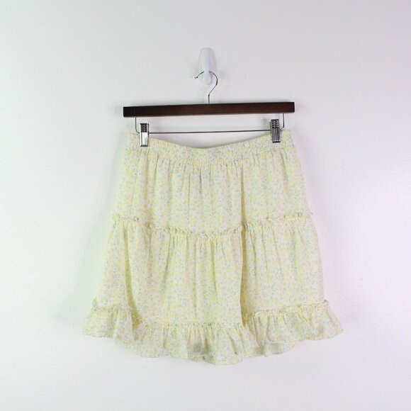 Aqua‎ Tiered Ruffled Floral Chiffon Mini Skirt Yellow Size M - Picture 2 of 7